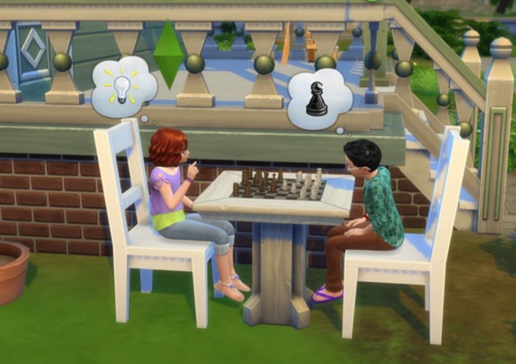 Dwójka dzieci w grze The Sims grająca w szachy przed domem